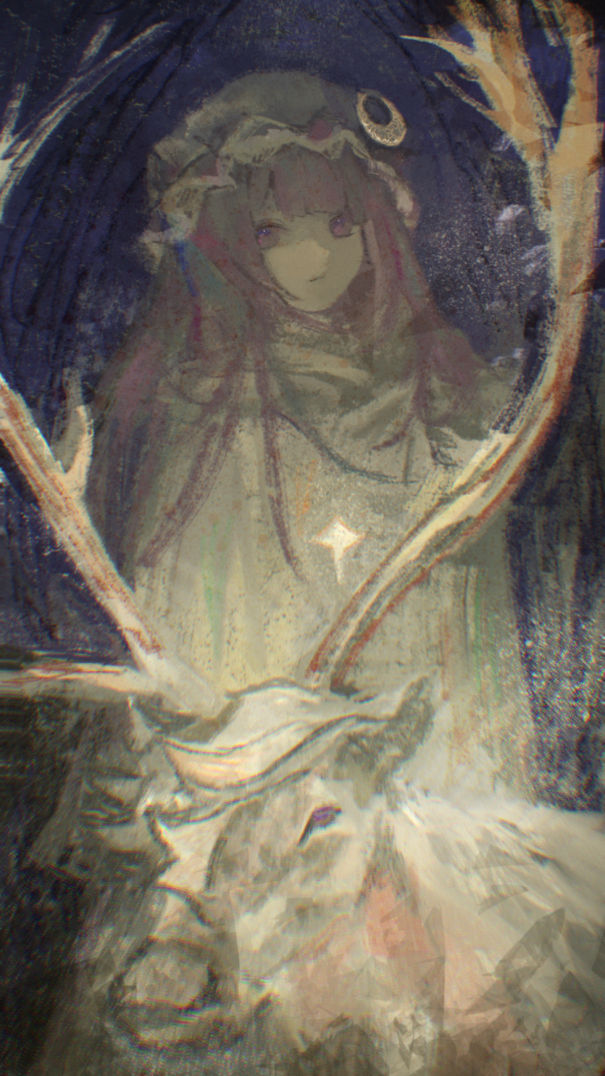 1girl :/ antlers cloak closed_mouth commentary crescent crescent_hat_ornament deer expressionless hat hat_ornament highres long_hair looking_at_viewer mob_cap patchouli_knowledge purple_hair sly930105 solo sparkle touhou violet_eyes white_cloak white_headwear