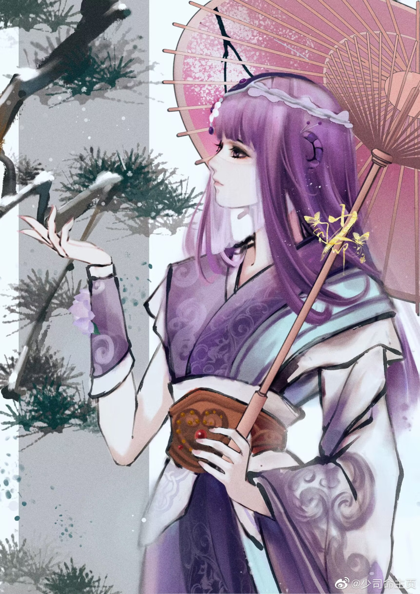 1girl absurdres artist_request asymmetrical_sleeves branch chinese_clothes closed_mouth from_side hair_ornament highres holding holding_umbrella needle qin_shi_ming_yue sash second-party_source shao_siming_(qin_shi_ming_yue) single_hair_ring snowing solo teeth umbrella upper_teeth_only veil violet_eyes white_background