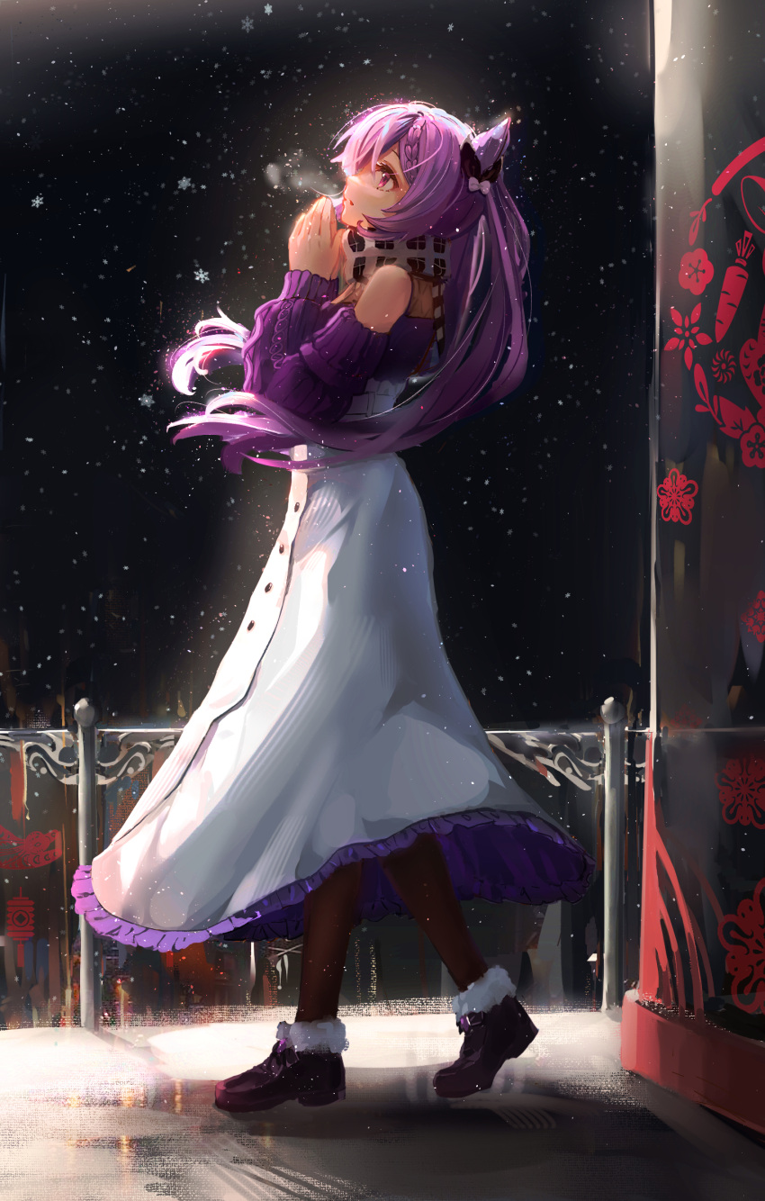 1girl absurdres black_background bow braid cone_hair_bun floating_hair frilled_skirt frills from_side full_body genshin_impact hair_bow hair_bun high-waist_skirt highres keqing_(genshin_impact) long_hair long_skirt long_sleeves looking_back off-shoulder_sweater off_shoulder profile purple_hair purple_sweater red_eyes scarf skirt snowflakes snowing solo standing susuky sweater white_bow white_skirt winter