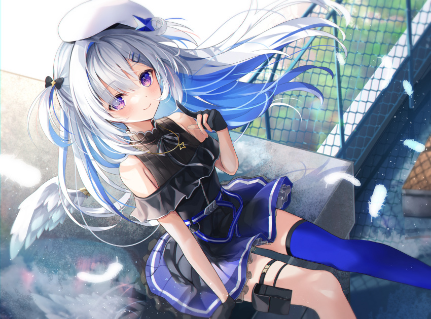 1girl absurdres amane_kanata asymmetrical_legwear bangs black_gloves black_shirt blue_hair blue_skirt blue_thighhighs closed_mouth feathers fingerless_gloves floating_hair fuyoyo gloves grey_ribbon hair_between_eyes hair_ornament hairclip hat highres hololive holster index_finger_raised layered_skirt long_hair miniskirt multicolored_hair neck_ribbon outdoors pleated_skirt ribbon rooftop shirt single_thighhigh single_wing sitting skirt smile solo thigh-highs thigh_holster very_long_hair violet_eyes virtual_youtuber white_feathers white_hair white_headwear white_wings wings