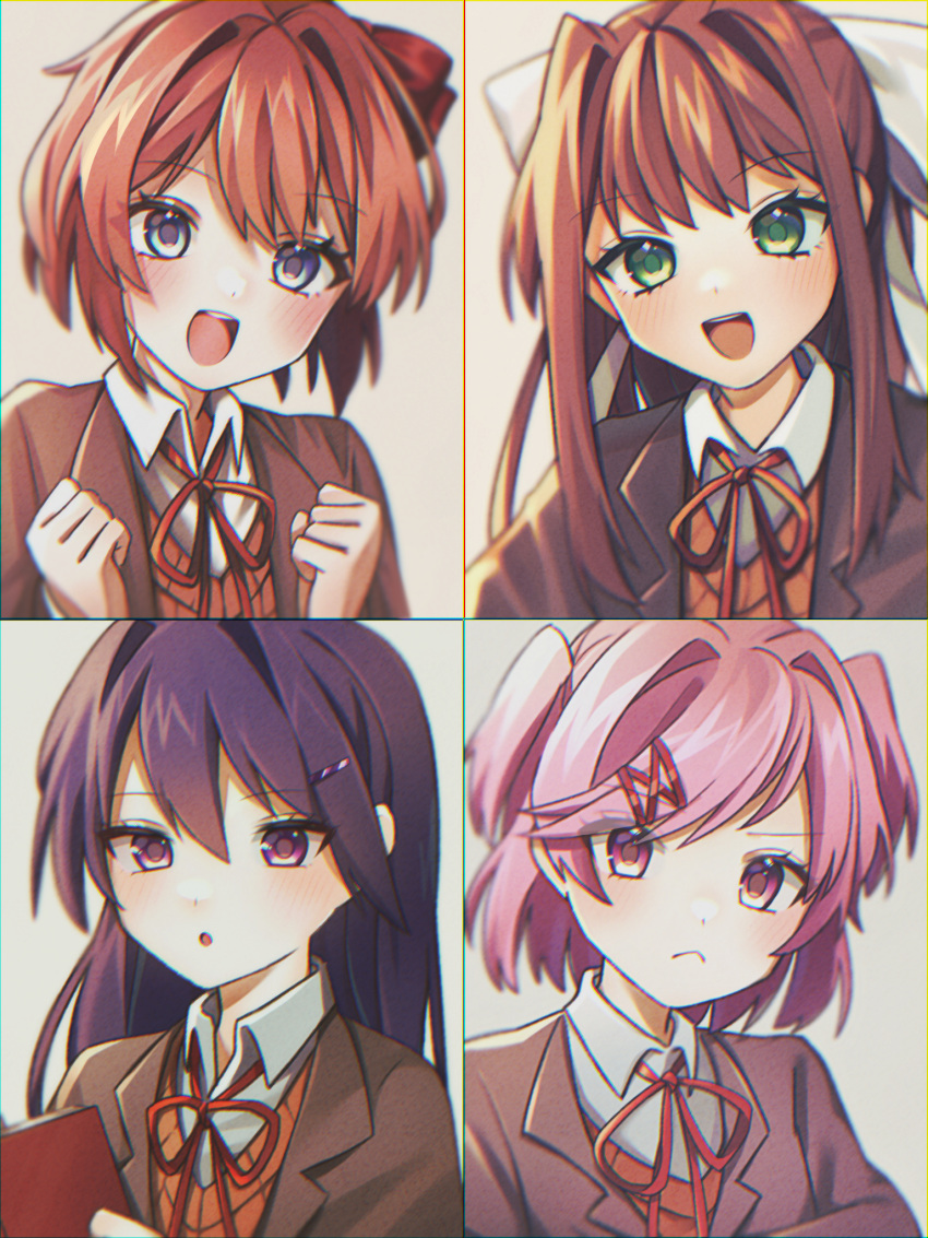 4girls :&lt; :d :o ap51 bangs blazer blue_eyes blurry blurry_background blush bob_cut book bow brown_hair brown_jacket brown_sweater_vest clenched_hands close-up closed_mouth commentary doki_doki_literature_club dress_shirt excited green_eyes hair_between_eyes hair_bow hair_intakes hair_ornament hair_ribbon hairclip hands_on_own_chest highres holding holding_book jacket long_hair looking_at_viewer looking_away monika_(doki_doki_literature_club) multiple_girls natsuki_(doki_doki_literature_club) neck_ribbon parted_lips pink_hair portrait purple_hair raised_eyebrow reading red_bow red_ribbon ribbon sayori_(doki_doki_literature_club) school_uniform shirt short_hair sidelocks smile sweater_vest swept_bangs teeth two_side_up upper_teeth_only violet_eyes white_ribbon white_shirt x_hair_ornament yuri_(doki_doki_literature_club)