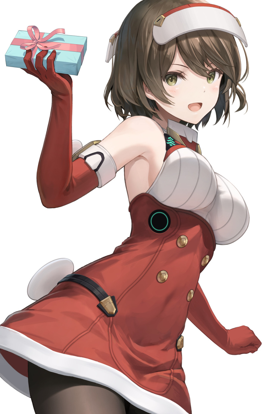 1girl alice_gear_aegis bangs black_pantyhose box breasts brown_hair cowboy_shot dress elbow_gloves gift gift_box gloves green_eyes headgear highres looking_at_viewer medium_breasts medium_hair onaga_akino open_mouth pantyhose pinakes red_dress red_gloves solo white_background