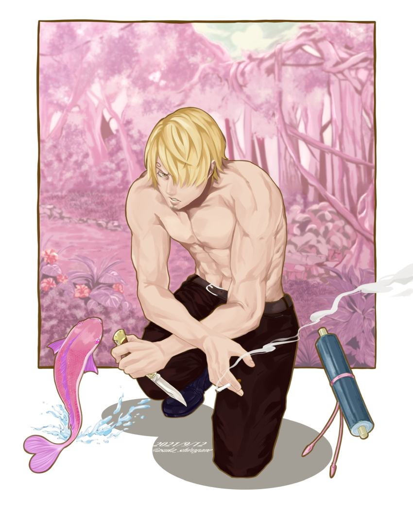 1boy asuka_shirogane beard blonde_hair cigarette facial_hair fish forest hair_over_one_eye highres holding holding_cigarette holding_knife jungle knife looking_at_viewer muscular muscular_male nature one_eye_covered one_knee one_piece pink_background sanji_(one_piece) scroll shadow short_hair smoke topless_male