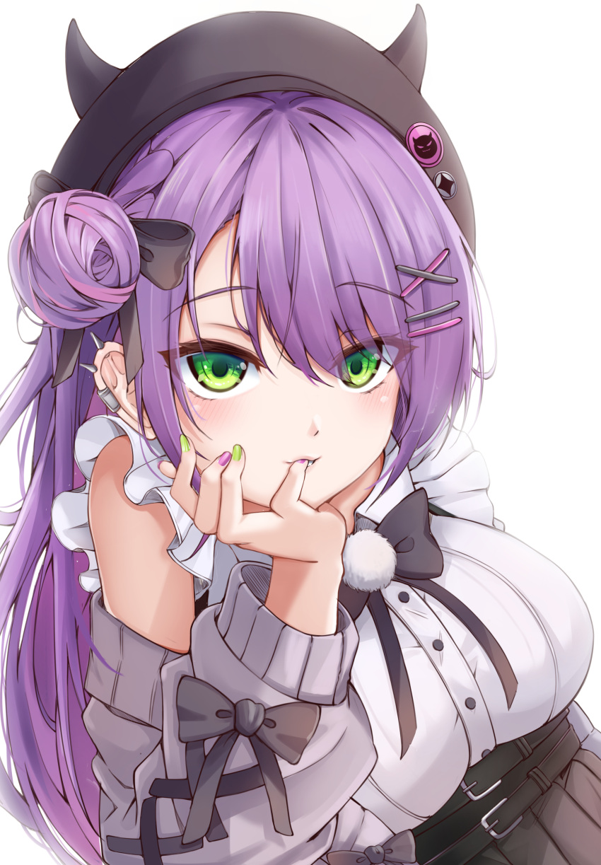 1girl absurdres bangs belt black_belt black_bow bow breasts ear_piercing finger_in_own_mouth green_eyes hair_between_eyes hair_bow hair_bun hair_ornament hairpin hat highres hololive large_breasts long_hair long_sleeves looking_at_viewer nahanmin piercing purple_hair single_hair_bun smile solo tokoyami_towa virtual_youtuber white_background