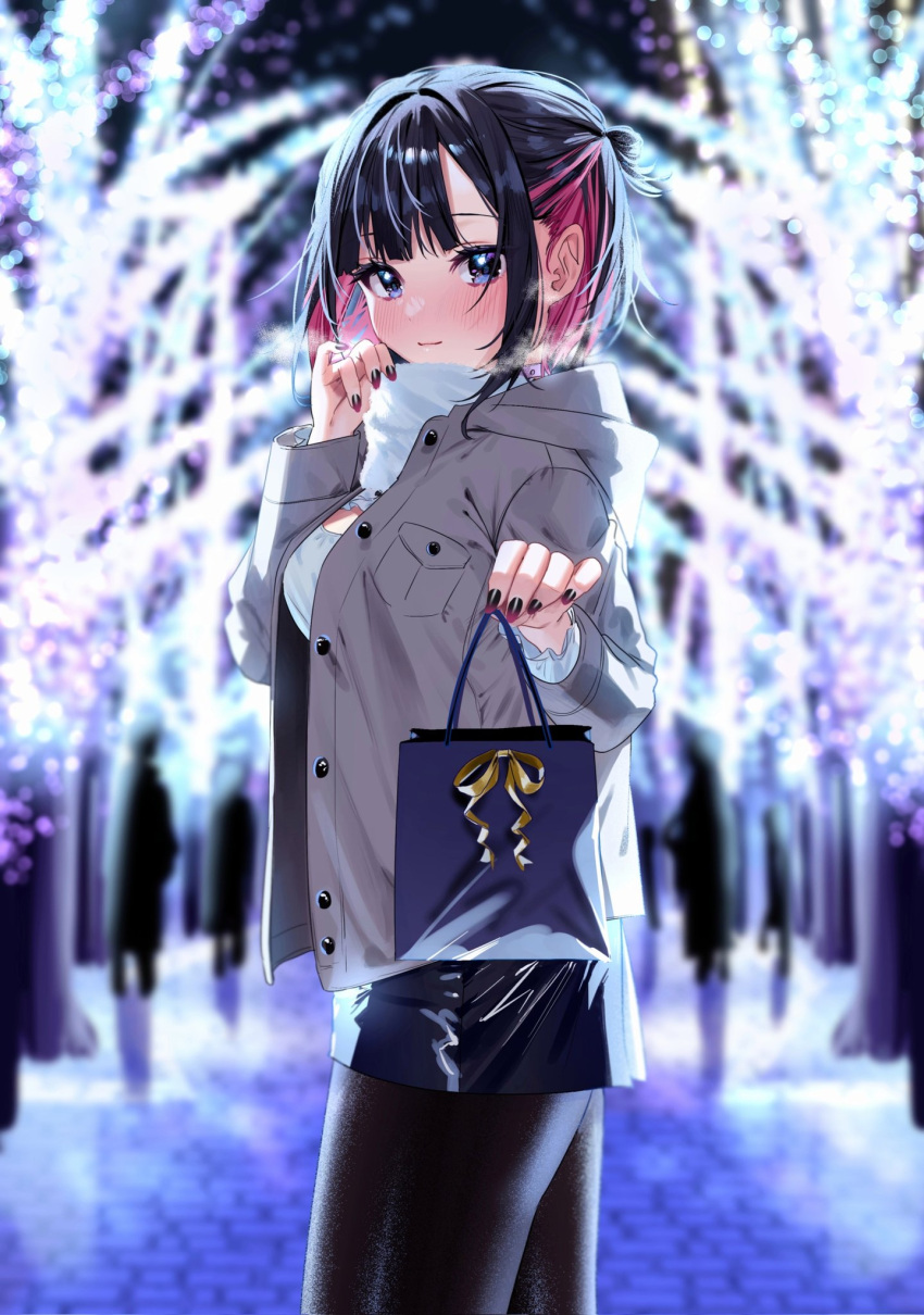 1girl bag bangs black_hair black_nails black_pantyhose black_skirt blue_eyes blurry blurry_background blush breasts breath buttons chigusa_minori cleavage_cutout clothing_cutout coat commentary cowboy_shot frills hairstyle_request highres holding holding_bag looking_at_viewer miniskirt multicolored_hair open_clothes open_coat original pantyhose paper_bag pocket pov purple_hair ribbon scarf shirt sidelocks skirt smile solo_focus stone_floor tree two-tone_hair white_shirt