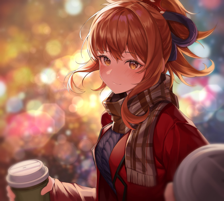 1girl blurry blurry_background blush bokeh brown_scarf closed_mouth commentary cup depth_of_field disposable_cup drink english_commentary floating_hair fringe_trim genshin_impact highres holding holding_drink jacket long_sleeves looking_at_viewer orange_eyes orange_hair outstretched_hand pengrani plaid plaid_scarf ponytail red_jacket scarf smile solo upper_body winter_clothes yoimiya_(genshin_impact)