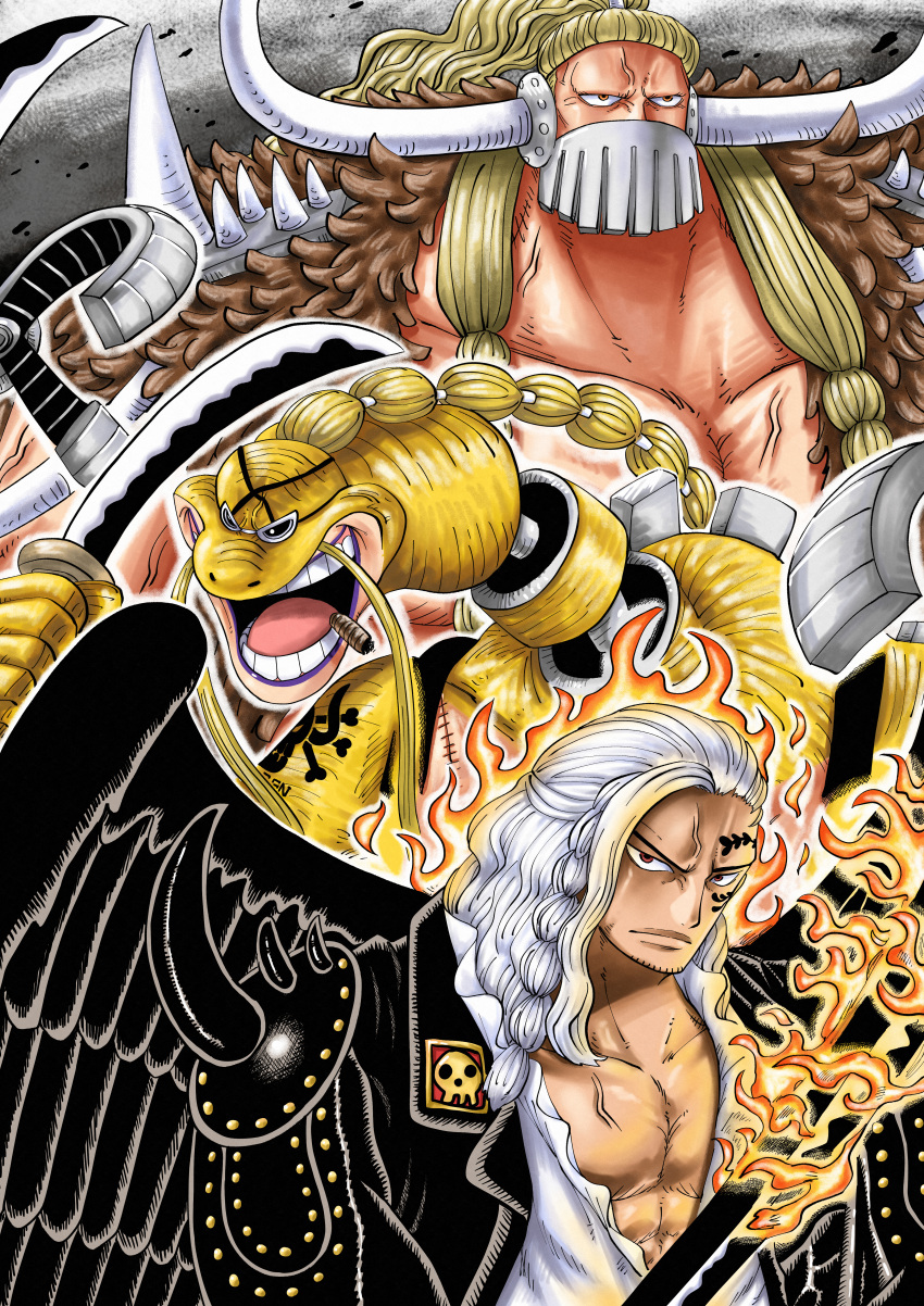 3boys absurdres black_jacket black_wings blonde_hair brachiosaurus braid brown_coat cigar coat cyborg facial_hair facial_tattoo fake_horns fire fur_coat highres holding holding_sword holding_weapon horns jack_(one_piece) jacket king_(one_piece) long_hair looking_at_viewer looking_away mask mouth_mask multiple_boys muscular mustache one_piece open_clothes open_mouth ponytail queen_(one_piece) riku_(rikuw223xx) shoulder_spikes shoulder_tattoo spikes sunglasses sword tattoo weapon white_hair wings