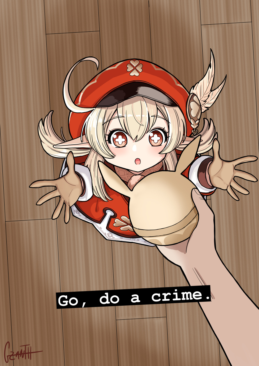 1girl :o absurdres ahoge artist_name bangs blonde_hair blush bomb bright_pupils brown_eyes brown_gloves cabbie_hat caption clover commentary cross-shaped_pupils dress english_commentary english_text excited explosive feathers from_above genshin_impact giving gloves go_do_a_crime_(meme) gzanth hair_between_eyes hands_up hat hat_feather highres klee_(genshin_impact) looking_up meme pointy_ears pom_pom_(clothes) pov pov_hands reaching_towards_viewer red_dress red_headwear sidelocks signature solo_focus standing symbol-shaped_pupils twintails white_pupils wide-eyed wooden_floor yellow_feathers