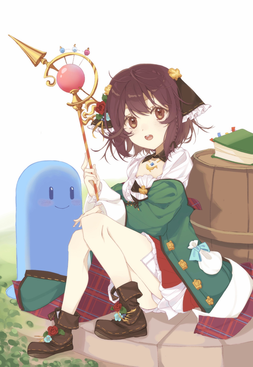 1girl ankle_boots aqua_flower atelier_(series) atelier_sophie atelier_sophie_2 bangs barrel black_ribbon book boots braid brown_eyes brown_footwear brown_hair coat detached_collar flower frilled_ribbon frills green_coat hair_ribbon highres holding holding_staff leaf long_sleeves looking_at_viewer open_clothes open_coat open_mouth panties pantyshot plachta red_flower ribbon ribbon_trim round_teeth sitting solo sophie_neuenmuller staff teeth underwear upper_teeth_only virno white_panties