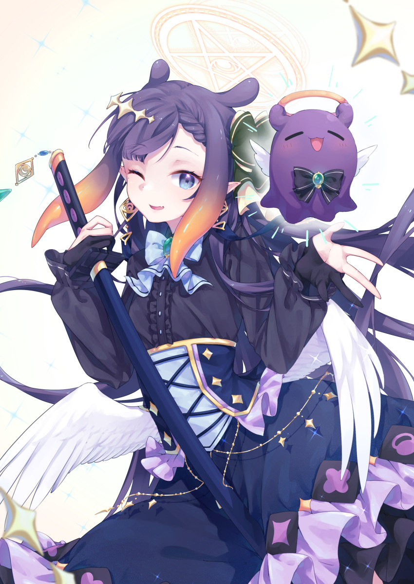 1girl ;d absurdres aeon_ion bangs black_shirt blonde_hair blue_eyes blue_skirt blush corset floating_hair gloves gradient_hair halo highres holding holding_sword holding_weapon hololive hololive_english long_hair long_sleeves looking_at_viewer multicolored_hair ninomae_ina'nis one_eye_closed partially_fingerless_gloves pointy_ears purple_hair sheath sheathed shirt skirt smile solo sword takodachi_(ninomae_ina'nis) tentacle_hair very_long_hair virtual_youtuber weapon white_wings wings
