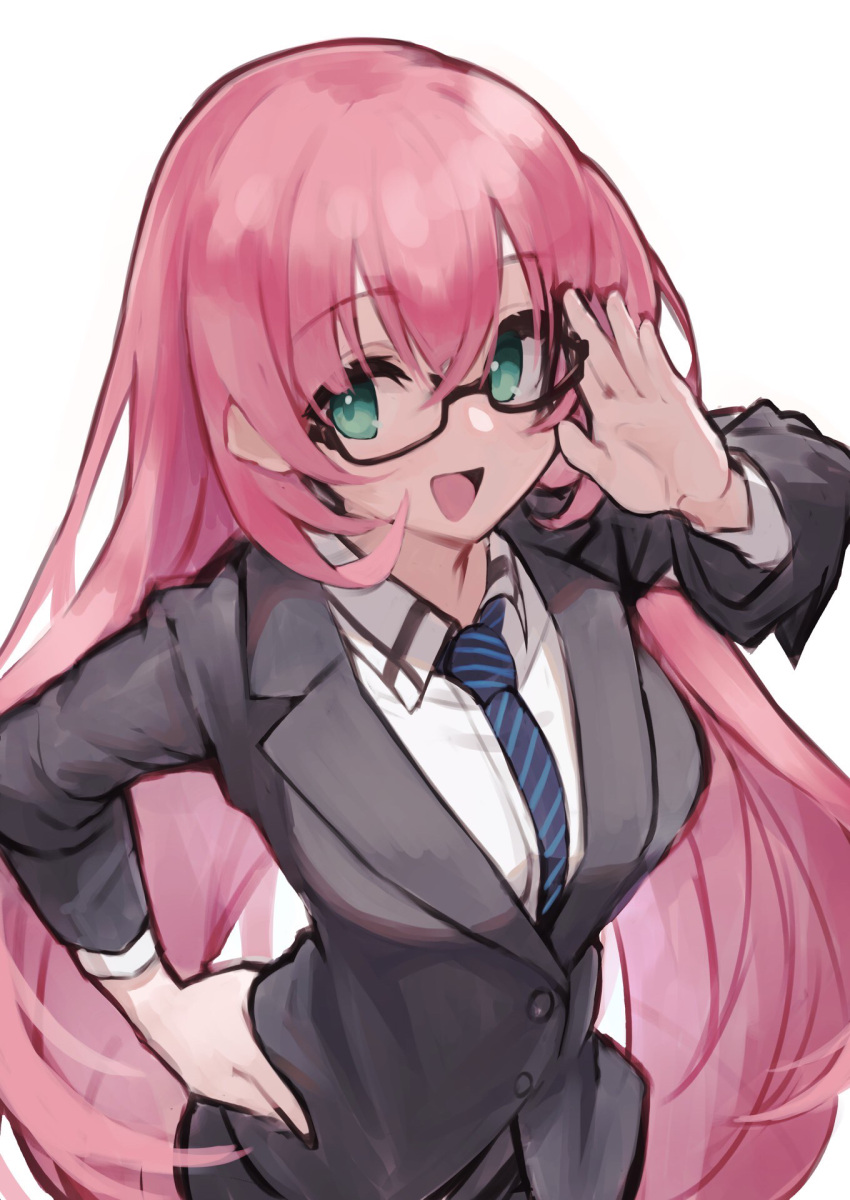 1girl adjusting_eyewear bangs black-framed_eyewear breasts collared_shirt commentary formal glasses green_eyes grey_jacket hair_between_eyes hand_on_hip hand_up highres jacket large_breasts long_hair long_sleeves mist_train_girls necktie open_mouth pink_hair puerto_rico_(mist_train_girls) shirt simple_background smile solo tomisaka_yorui upper_body very_long_hair white_background white_shirt