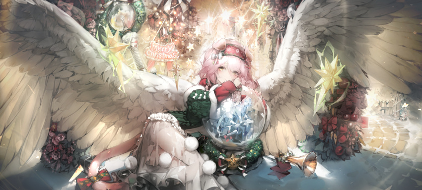 1girl absurdres angel_wings animal_ears arknights blush bow candy candy_cane cat_ears cat_girl cat_tail christmas christmas_ornaments commentary_request electricity feathered_wings food goldenglow_(arknights) goldenglow_(night_loving_servant)_(arknights) green_sweater_vest hair_between_eyes hair_bow highres instrument long_sleeves lying merry_christmas pink_hair ribiadan see-through short_hair smile snow snow_globe solo sweater_vest tail tail_bow tail_ornament trumpet white_wings wings yellow_eyes