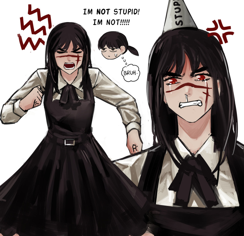 2girls absurdres among_us_eyes_(meme) anger_vein black_hair black_ribbon chainsaw_man chibi chibi_inset closed_eyes collared_shirt cross_scar crying dress dunce_cap fourth_east_high_school_uniform highres looking_at_viewer meme mitaka_asa multiple_girls open_mouth pinafore_dress red_eyes ribbon scar scar_on_cheek scar_on_face school_uniform shirt simple_background slapknutts snot tears white_background white_hair white_shirt yoru_(chainsaw_man)