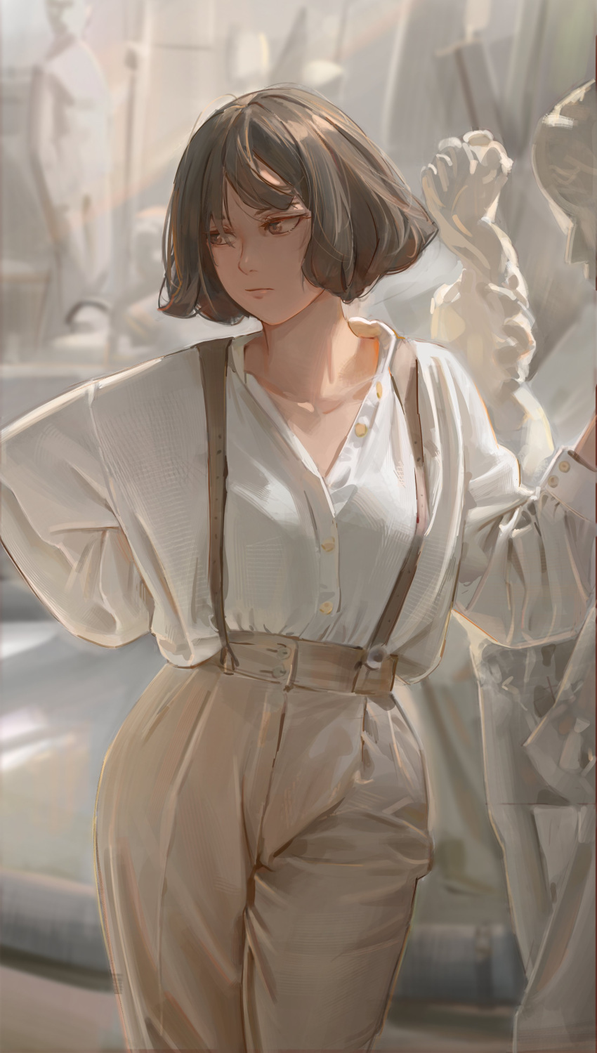 1girl absurdres bangs brown_eyes brown_hair closed_mouth collarbone collared_shirt free_style_(yohan1754) hand_on_hip highres indoors long_sleeves medium_hair original overalls partially_unbuttoned shirt shirt_tucked_in solo standing white_shirt
