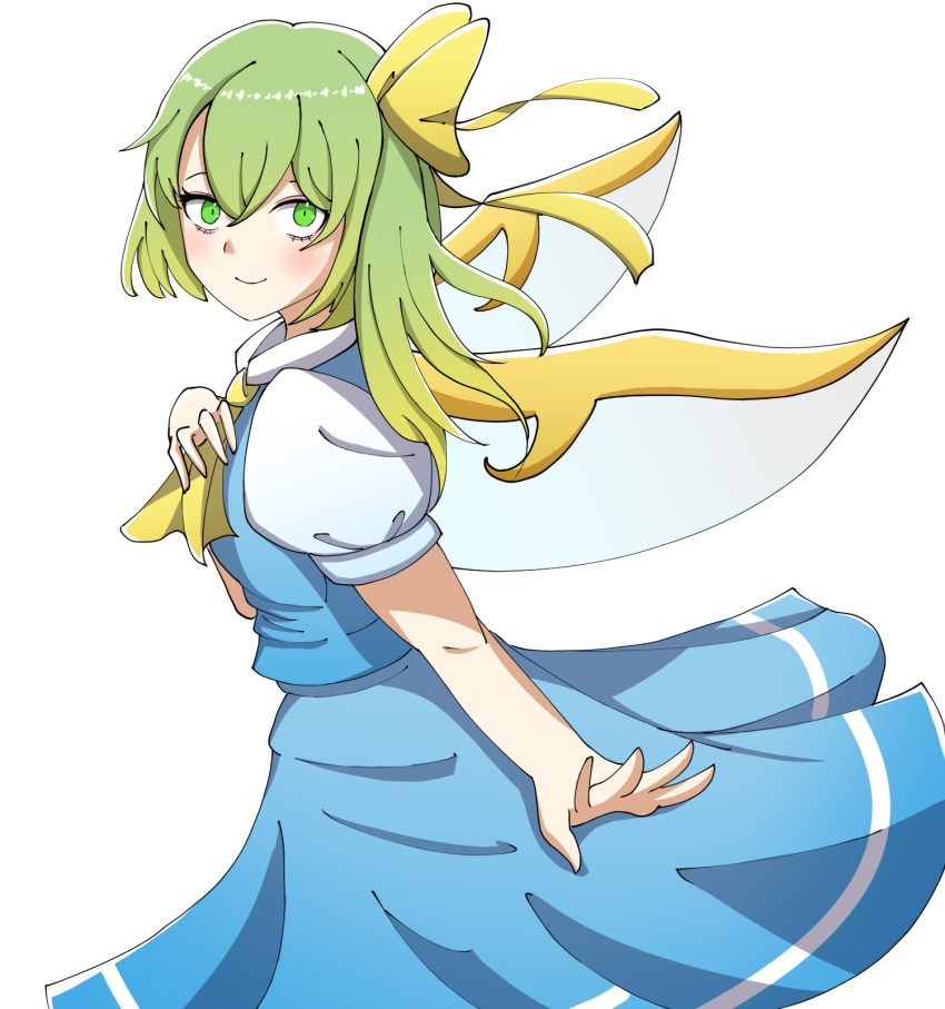 1girl 584koyashi ascot blue_skirt blue_vest closed_mouth daiyousei fairy_wings from_side green_eyes green_hair hand_on_own_chest highres looking_at_viewer short_sleeves side_ponytail skirt smile solo touhou vest wings yellow_ascot
