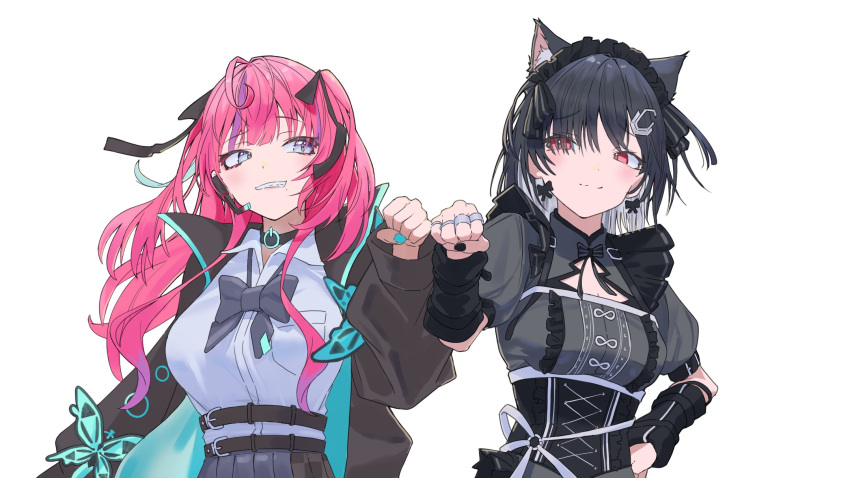 2girls ahoge animal_ear_fluff animal_ears aqua_butterfly aqua_jacket aqua_nails arisaki_(cnxy7525) arm_belt arm_warmers bangs belt belt_buckle black_belt black_bow black_bowtie black_collar black_dress black_hair black_jacket black_nails black_ribbon blue_bow blue_bowtie blue_eyes blue_skirt bow bow_earrings bowtie breast_pocket buckle bug butterfly cat_ears center_frills checkered_clothes checkered_skirt cleavage_cutout clothing_cutout collar collared_jacket collared_shirt colored_inner_hair corset dress earrings eyes_visible_through_hair facing_viewer fist_bump floating_hair frills frown gothic_lolita grin hair_ornament hair_over_one_eye hair_ribbon hairclip hand_on_hip headset hexagon_hair_ornament high-waist_skirt high_belt highres himeragi_ageha jacket jewelry lolita_fashion long_sleeves looking_at_another looking_to_the_side maid_headdress microphone mitsurugi_lia mole mole_under_mouth multicolored_hair multiple_belts multiple_girls multiple_rings o-ring pink_hair pleated_skirt pocket power_symbol puffy_short_sleeves puffy_sleeves purple_hair red_eyes ribbon ring shirt short_sleeves simple_background skirt smile streaked_hair two-sided_fabric two_side_up underbust virtual_youtuber wactor_production white_background white_hair white_ribbon white_shirt wing_collar