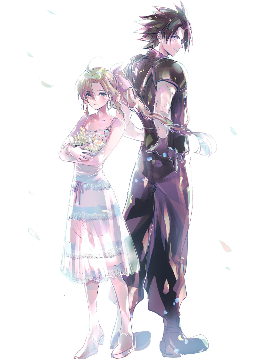 1boy 1girl absurdres aerith_gainsborough armor baggy_pants bangs bare_arms bare_shoulders black_gloves black_hair black_pants black_shirt boots braid braided_ponytail brown_hair crisis_core_final_fantasy_vii dress falling_petals final_fantasy final_fantasy_vii flower full_body gloves hair_ribbon hands_on_hips highres holding holding_flower long_hair looking_at_viewer looking_back pants parted_bangs petals ribbon shirt shoji_sakura short_hair shoulder_armor sidelocks sleeveless sleeveless_dress sleeveless_turtleneck striped striped_dress turtleneck white_background white_dress zack_fair