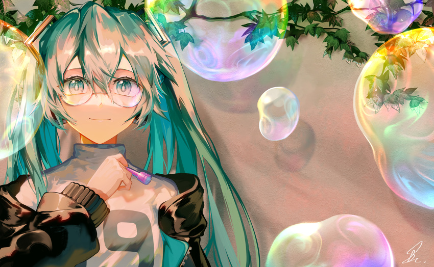 1girl bangs black_jacket blue_eyes blue_hair bubble bubble_pipe closed_mouth comiket_101 commentary_request glasses hair_between_eyes hatsune_miku highres holding jacket long_hair long_sleeves looking_at_viewer off_shoulder open_clothes open_jacket puffy_long_sleeves puffy_sleeves saihate_(d3) shirt smile solo twintails upper_body vocaloid white_shirt