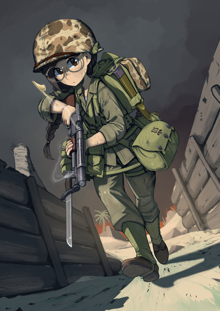 1girl absurdres alternate_costume bayonet black_hair brown_eyes chest_rig erica_(naze1940) fukuda_haru girls_und_panzer glasses green_jacket green_pants gun helmet highres holding holding_gun holding_weapon jacket long_sleeves military military_helmet military_uniform pants shotgun sleeves_rolled_up solo uniform united_states_marine_corps weapon winchester_model_1897 world_war_ii