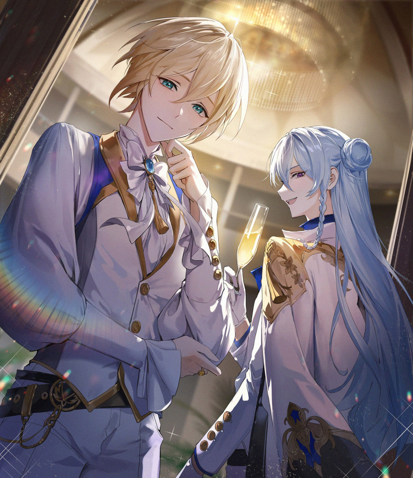 0jae 2boys :d aqua_eyes belt belt_buckle black_belt blonde_hair blue_hair blue_shirt blurry blurry_background bow bowtie braid brooch buckle buttons coat coat_on_shoulders commentary_request cowboy_shot dutch_angle ensemble_stars! formal from_behind gloves hair_between_eyes hair_bun half_updo hand_on_own_elbow hand_up hibiki_wataru highres jacket jewelry korean_commentary light_blue_hair light_smile long_hair long_sleeves looking_at_viewer looking_back male_focus multiple_boys pants puffy_sleeves ring shirt short_hair side_braid single_hair_bun smile sparkle tassel tenshouin_eichi upper_body violet_eyes white_bow white_bowtie white_coat white_gloves white_jacket white_pants white_shirt