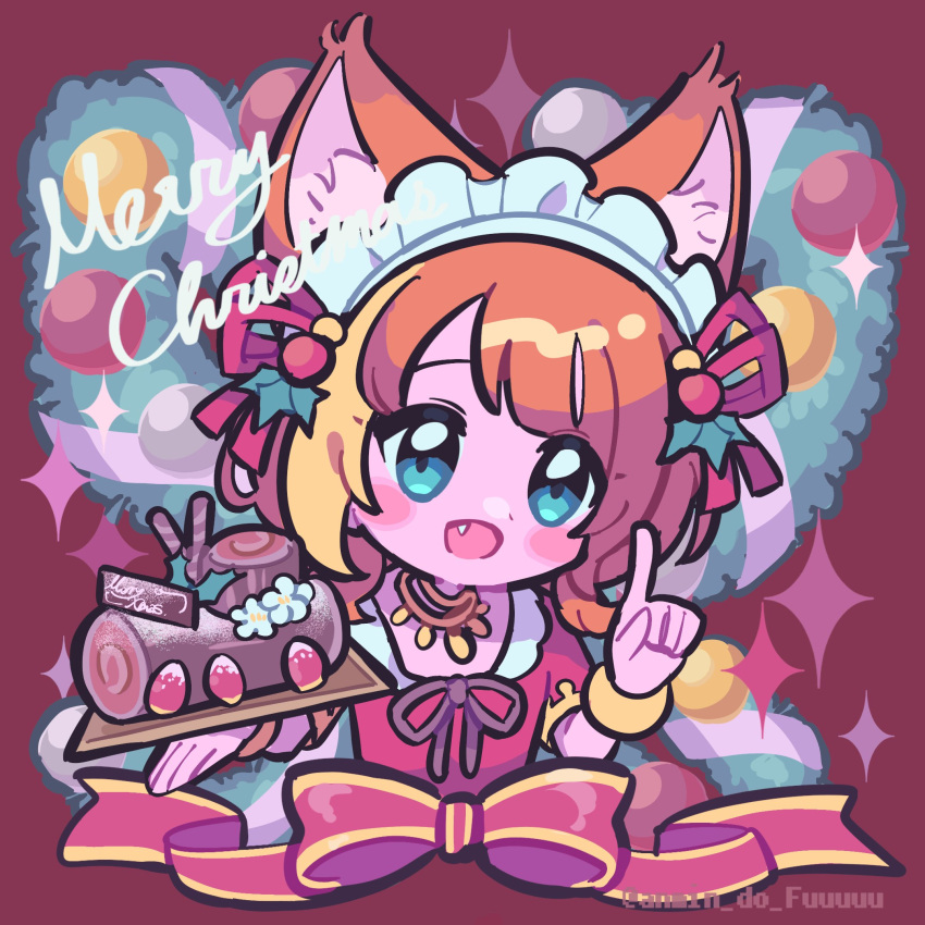 1girl :d animal_ears aqua_eyes blonde_hair blush_stickers bracelet brown_ribbon cake christmas_wreath collared_shirt commentary dot_nose fang food fox_ears hair_ornament hair_ribbon haruna_konomi highres holding holding_cake holding_food holly_hair_ornament index_finger_raised jewelry looking_at_viewer magia_record:_mahou_shoujo_madoka_magica_gaiden mahou_shoujo_madoka_magica maid_headdress merry_christmas multicolored_hair neck_ribbon necklace official_alternate_costume orange_hair puffy_short_sleeves puffy_sleeves red_ribbon red_shirt ribbon shirt short_hair short_sleeves smile solo sparkle streaked_hair symbol-only_commentary takenoko_mgrc twitter_username upper_body wreath