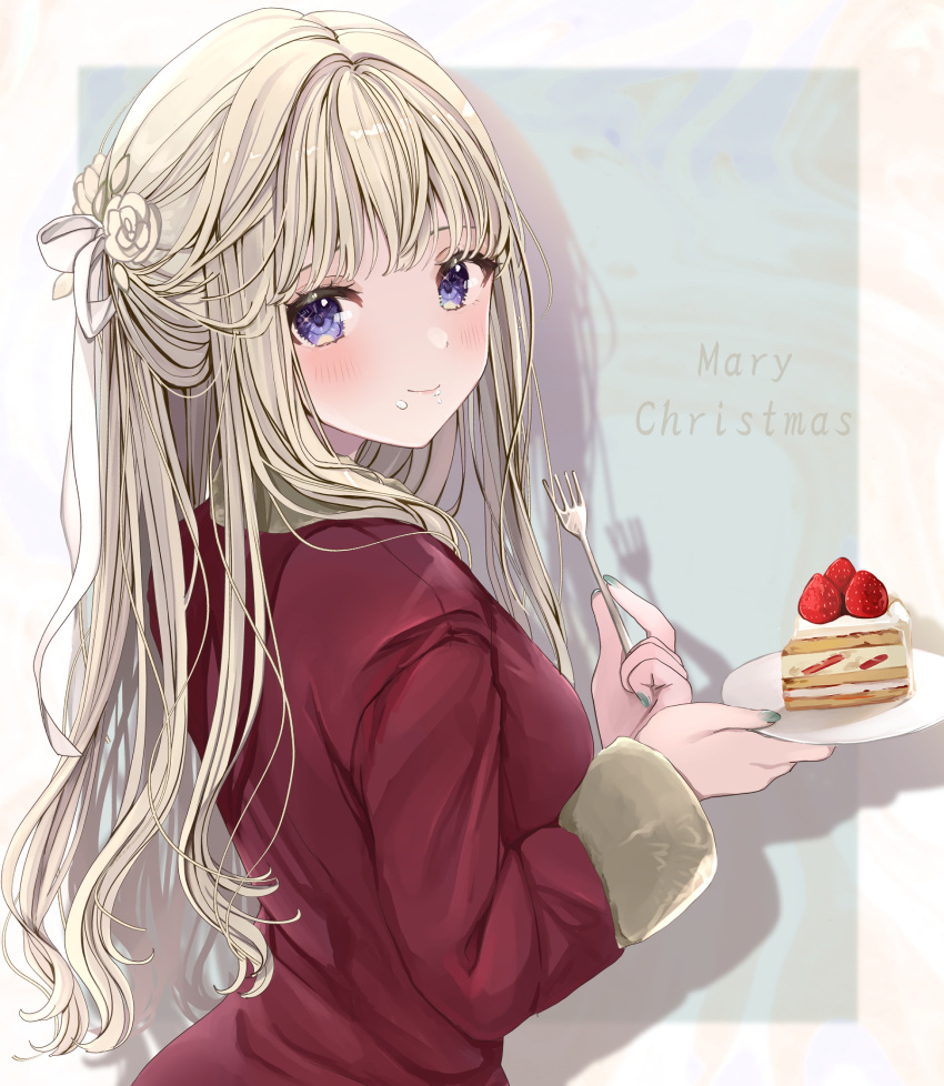 1girl blonde_hair blue_nails cake cake_slice closed_mouth commentary_request flower food food_on_face fork fruit fur-trimmed_sleeves fur_trim hair_flower hair_ornament hair_ribbon highres holding holding_fork holding_saucer jacket long_hair long_sleeves looking_at_viewer looking_to_the_side merry_christmas nail_polish original puracotte red_jacket ribbon saucer smile solo strawberry typo upper_body very_long_hair white_ribbon yellow_flower