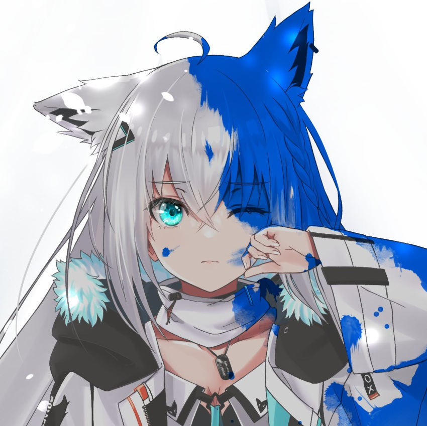 1girl ahoge animal_ears bangs braid closed_mouth collarbone commentary_request crossed_bangs dog_tags fox_ears fur_trim giba_(56828772) green_eyes hair_between_eyes hand_up highres hololive jacket long_hair long_sleeves looking_at_viewer one_eye_closed open_clothes open_jacket paint_splatter paint_splatter_on_face portrait shirakami_fubuki side_braid simple_background solo straight-on virtual_youtuber white_background white_hair white_jacket wide_sleeves