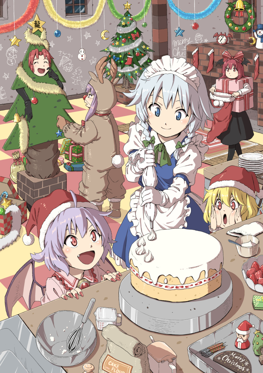 6+girls :d :o ^_^ animal_costume bat_wings bell blonde_hair blue_eyes box braid cake christmas christmas_tree christmas_tree_costume closed_eyes cooking crescent_moon embodiment_of_scarlet_devil fang flandre_scarlet food gift gift_box grey_hair hands_on_own_cheeks hands_on_own_face hat head_wings highres holly hong_meiling indoors inuno_rakugaki izayoi_sakuya koakuma long_hair long_sleeves looking_at_viewer maid maid_headdress merry_christmas moon multiple_girls open_mouth patchouli_knowledge purple_hair red_eyes red_headwear redhead reindeer_costume remilia_scarlet santa_hat side_braids smile snowman standing star_(symbol) touhou twin_braids violet_eyes wings