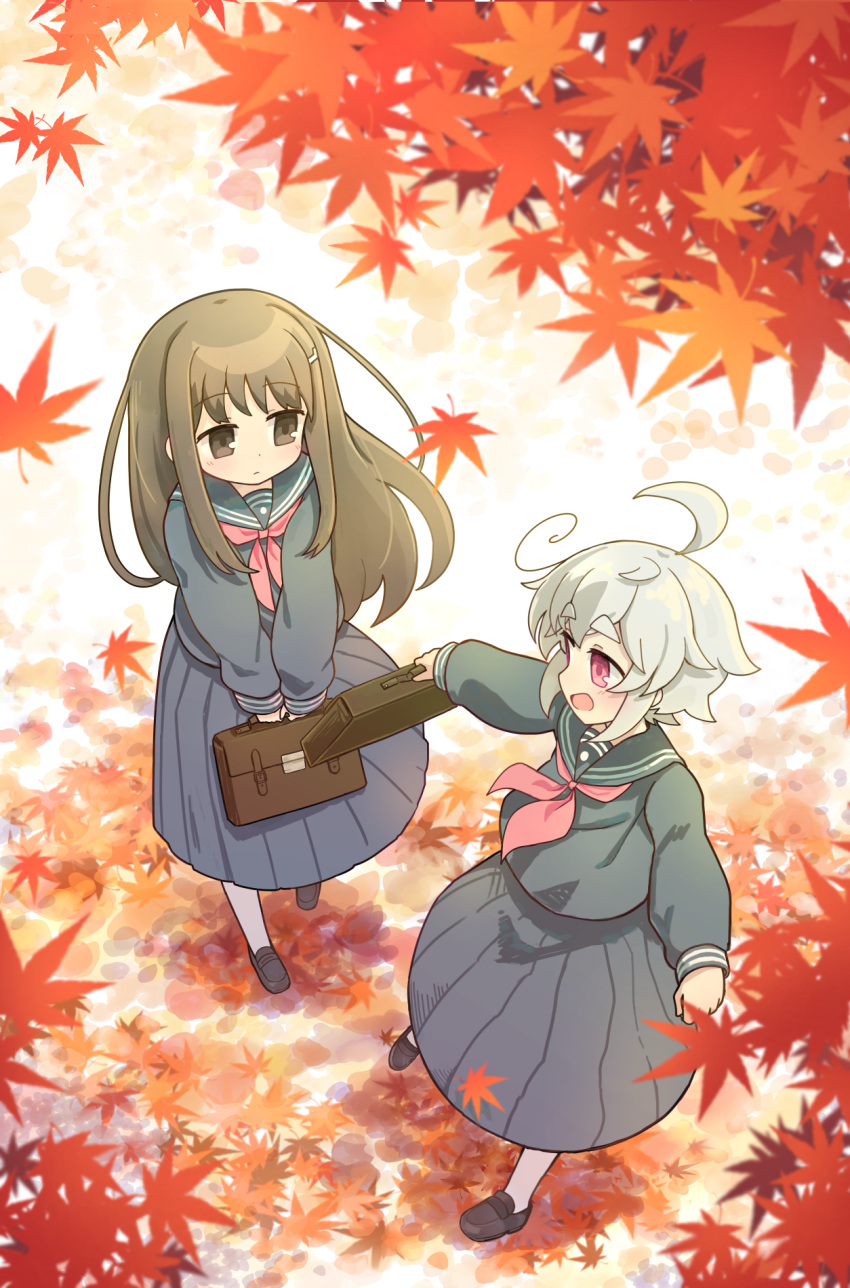 2girls :d ahoge akichi_mashiro autumn autumn_leaves bag bangs black_sailor_collar black_serafuku black_shirt black_skirt blush brown_eyes brown_hair commentary_request grey_hair highres holding kibisake leaf long_sleeves maple_leaf multiple_girls neckerchief original outdoors pink_eyes pleated_skirt puffy_long_sleeves puffy_sleeves red_neckerchief sailor_collar school_bag school_briefcase school_uniform serafuku shirt short_eyebrows skirt sleeves_past_wrists smile thick_eyebrows torii_koyomi