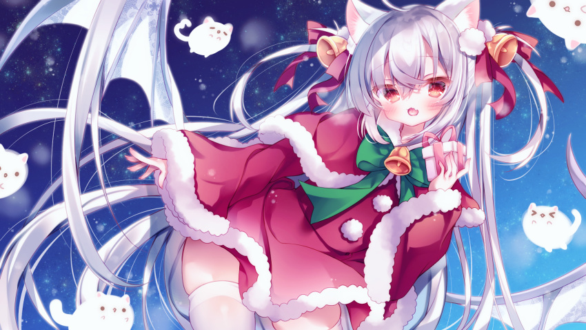 &gt;_&lt; 1girl :d ahoge animal animal_ear_fluff animal_ears bangs bell blush bow box capelet cat cat_ears christmas commentary_request copyright_request dress fang fur-trimmed_capelet fur-trimmed_dress fur-trimmed_sleeves fur_trim fuxiyu gift gift_box green_bow grey_hair hair_bell hair_between_eyes hair_bow hair_ornament highres holding holding_gift long_hair long_sleeves looking_at_viewer low_wings red_bow red_capelet red_dress red_eyes sleeves_past_wrists smile solo two_side_up very_long_hair virtual_youtuber white_wings wide_sleeves wings