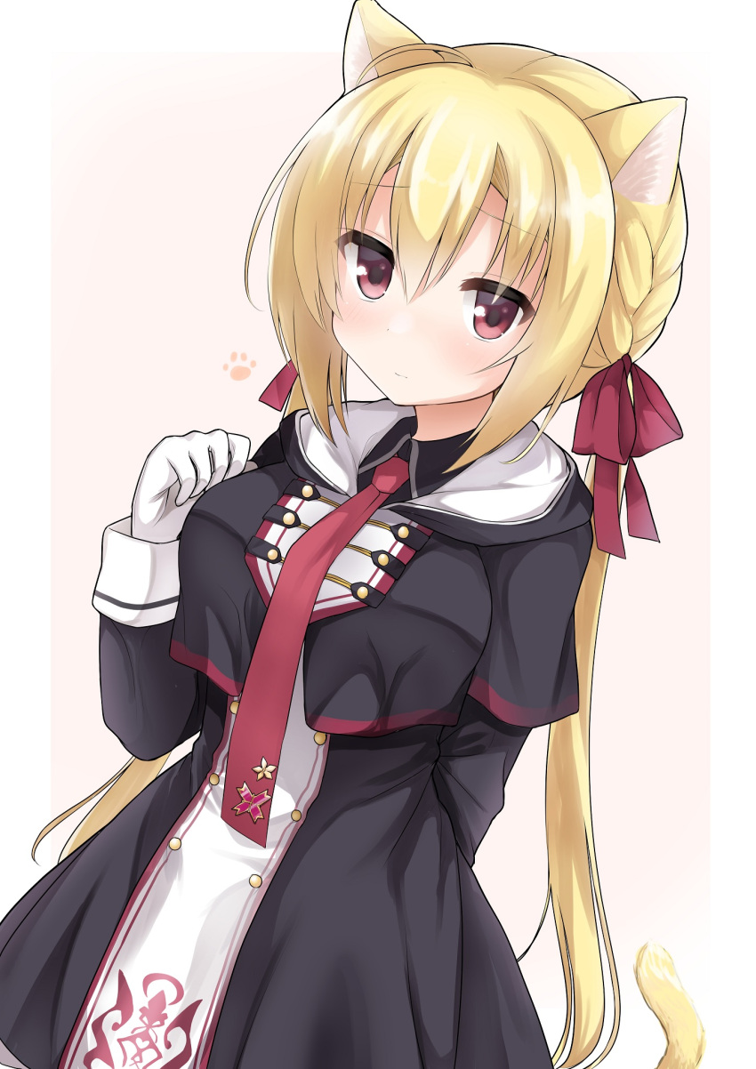 1girl animal_ears arihara_nanami arm_behind_back arm_up bangs between_breasts black_capelet black_collar black_dress black_sleeves blonde_hair blush braid breasts capelet cat_ears cat_girl cat_tail collar dress fringe_trim frown furrowed_brow gloves hair_between_eyes hair_ribbon highres hood large_breasts long_hair long_sleeves looking_at_viewer low_twintails necktie necktie_between_breasts paw_pose paw_print red_eyes red_necktie red_ribbon ribbon riddle_joker side_braid sidelocks simple_background solo standing tail takepoison twintails very_long_hair white_gloves yellow_tail yuzu-soft