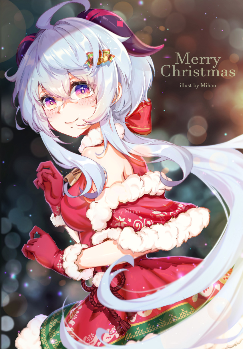 1girl absurdres ahoge artist_name bangs bare_shoulders bell blue_hair blush bow breasts chinese_knot christmas detached_sleeves flower_knot from_side ganyu_(genshin_impact) genshin_impact gloves hair_ornament highres horns long_hair looking_at_viewer low_ponytail medium_breasts mihan77108047 neck_bell red_gloves santa_costume sidelocks signature smile solo upper_body violet_eyes