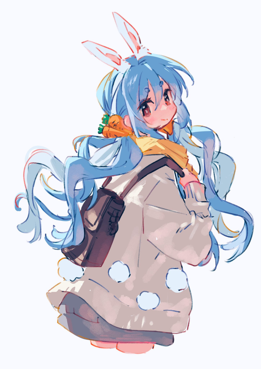 1girl animal_ears backpack bag bangs blue_hair bunny-shaped_pupils carrot carrot_hair_ornament coat cowboy_shot cropped_legs extra_ears eyes_visible_through_hair food-themed_hair_ornament from_behind hair_ornament highres hololive long_hair long_sleeves looking_at_viewer rabbit_ears rabbit_girl scarf short_eyebrows simple_background solo symbol-shaped_pupils thick_eyebrows twintails usada_pekora virtual_youtuber white_background wide_sleeves yellow_scarf zuho_(vega)