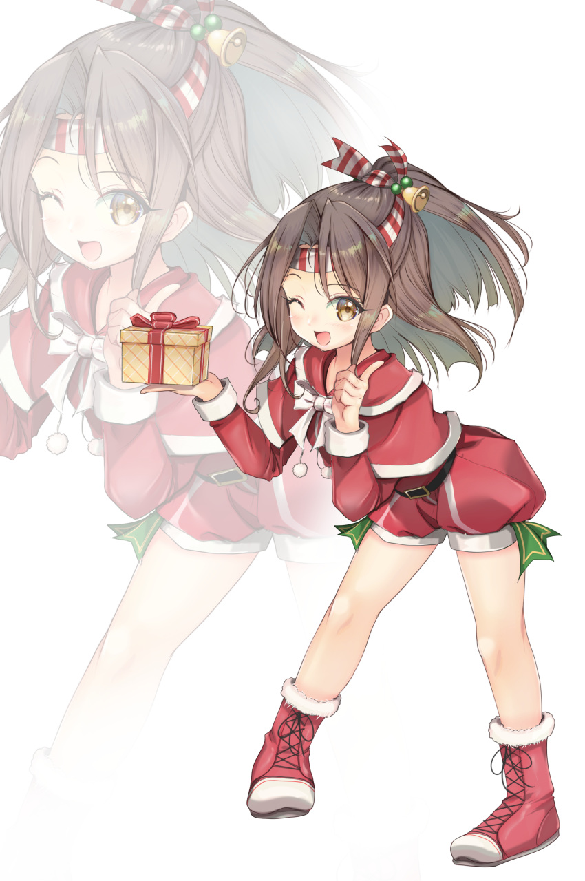1girl absurdres bell blush boots box brown_eyes brown_hair capelet christmas commentary_request flower full_body fur_trim gift gift_box grey_background hachimaki hair_bell hair_ornament headband heart highres holding holding_gift index_finger_raised kantai_collection leaning_forward long_hair looking_at_viewer one_eye_closed open_mouth pom_pom_(clothes) ponytail red_flower red_shorts santa_costume shorts simple_background solo standing white_background yashin_(yasinz) zoom_layer zuihou_(kancolle)