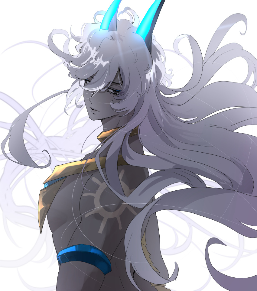 1boy absurdres arjuna_(fate) arjuna_alter_(fate) arm_tattoo black_eyes blue_horns collar colored_skin fate/grand_order fate_(series) from_side grey_hair grey_skin hair_between_eyes highres horns jojo05_rabbit09 long_hair looking_at_viewer looking_to_the_side male_focus simple_background solo tattoo topless_male upper_body white_background