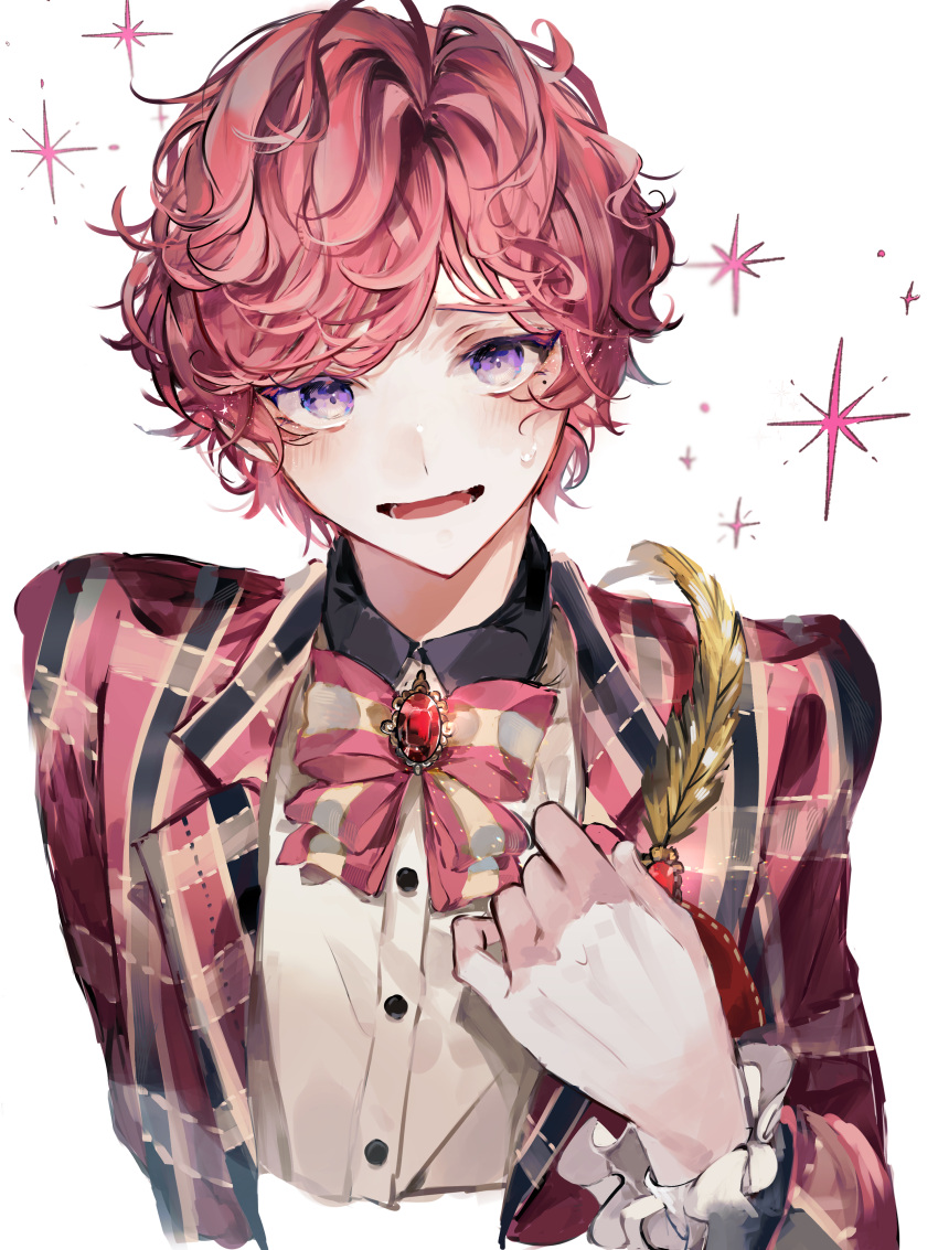 1boy :d absurdres bangs blush bow bowtie brooch chloe_collins collared_shirt cropped_torso curly_hair dress_shirt feathers frilled_sleeves frills gem highres jacket jewelry lapel_pin looking_at_viewer mahoutsukai_no_yakusoku male_focus mole mole_under_eye nervous_smile open_clothes open_jacket plaid plaid_jacket red_bow red_bowtie red_gemstone red_jacket redhead shirt simple_background smile solo sparkle sweatdrop swept_bangs two-tone_bow u-sama_(u_summer0719) violet_eyes white_background white_shirt