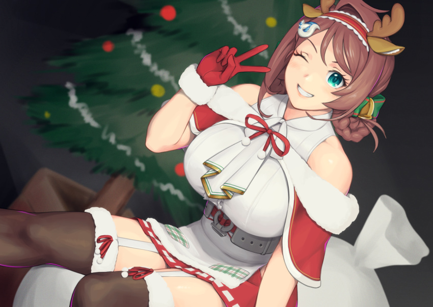 1girl animal_ears antlers aqua_eyes braid breasts brown_hair brown_thighhighs capelet chougei_(kancolle) christmas deer_ears fake_animal_ears fake_antlers fur-trimmed_capelet fur-trimmed_gloves fur_trim garter_straps gloves hair_ornament hair_rings hairband hairclip highres kantai_collection kuroiani large_breasts long_hair miniskirt official_alternate_costume one_eye_closed pleated_skirt red_capelet red_gloves red_hairband red_skirt reindeer_antlers sitting skirt solo thigh-highs twin_braids whale_hair_ornament