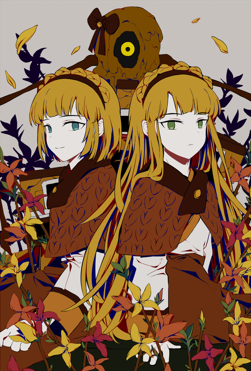 1boy 1girl alternate_costume aqua_eyes bangs blonde_hair braid brown_capelet brown_hairband brown_skirt capelet closed_mouth colored_skin cowboy_shot crown_braid expressionless falling_petals flower green_eyes grey_background hairband highres korean_clothes lobotomy_corporation long_hair long_sleeves looking_at_viewer monster no_pupils orange_flower petals project_moon red_flower robot shirt short_hair sitting skirt smile tassel tiphereth_a_(project_moon) tiphereth_b_(project_moon) tractrix white_shirt white_skin yellow_flower