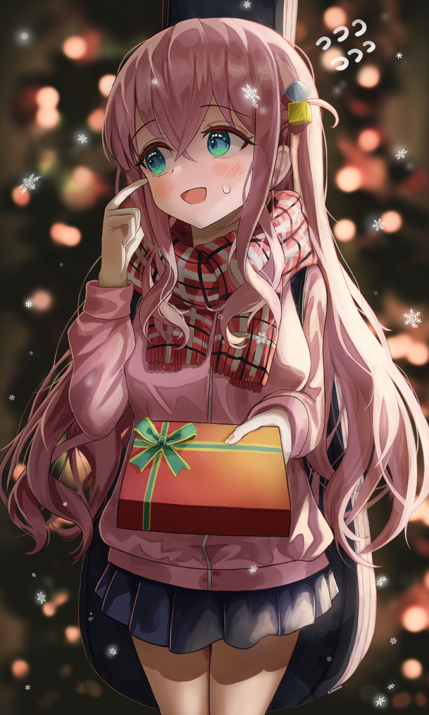 1girl :d bangs blurry blurry_background blush bocchi_the_rock! christmas christmas_tree cowboy_shot crossed_bangs cube_hair_ornament dubeaduver embarrassed gift giving gotou_hitori green_eyes hair_ornament hair_over_shoulder hand_on_own_face highres holding holding_gift indoors jacket light long_hair long_sleeves looking_to_the_side night one_eye_closed open_mouth pink_hair pink_jacket plaid_scard pleated_skirt purple_skirt red_scarf scarf sidelocks skirt smile snowflakes solo standing sweatdrop track_jacket window