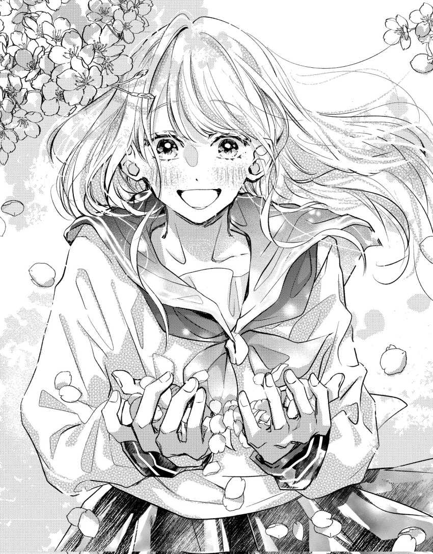 1girl :d bangs blush cherry_blossoms collarbone cupping_hands flower greyscale happy highres holding holding_petal long_hair long_sleeves looking_at_hand looking_at_object monochrome neckerchief open_mouth original outdoors own_hands_together petals pleated_skirt sailor_collar saitou_shiori_(pixiv14549321) school_uniform serafuku sketch skirt sleeve_cuffs smile solo wind