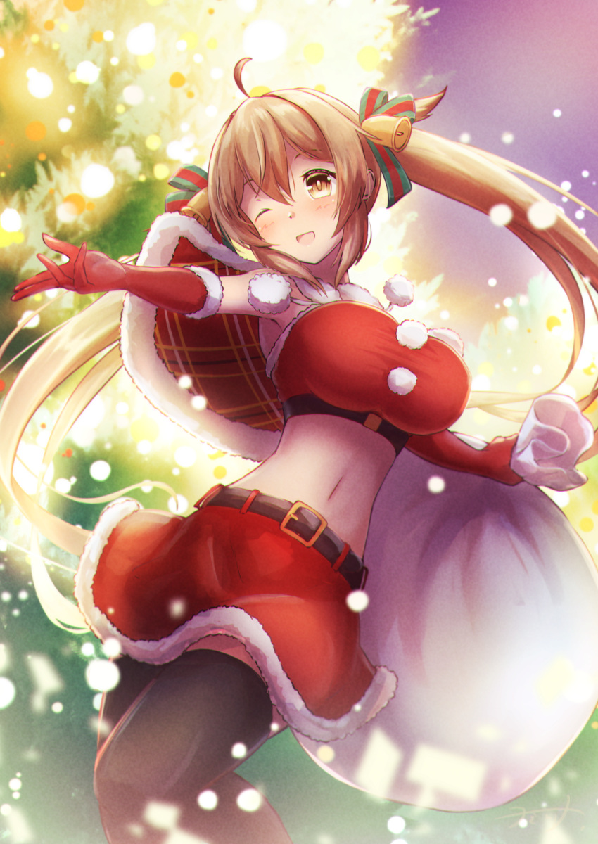 1girl alternate_costume bell black_thighhighs breasts brown_eyes capelet christmas christmas_tree crop_top elbow_gloves gloves hair_flaps hair_ribbon highres jingle_bell kantai_collection large_breasts light_brown_hair long_hair merry_christmas murasame_(kancolle) navel red_gloves red_shirt red_skirt ribbon sack santa_costume shirt skirt solo thigh-highs twintails yomitsuna