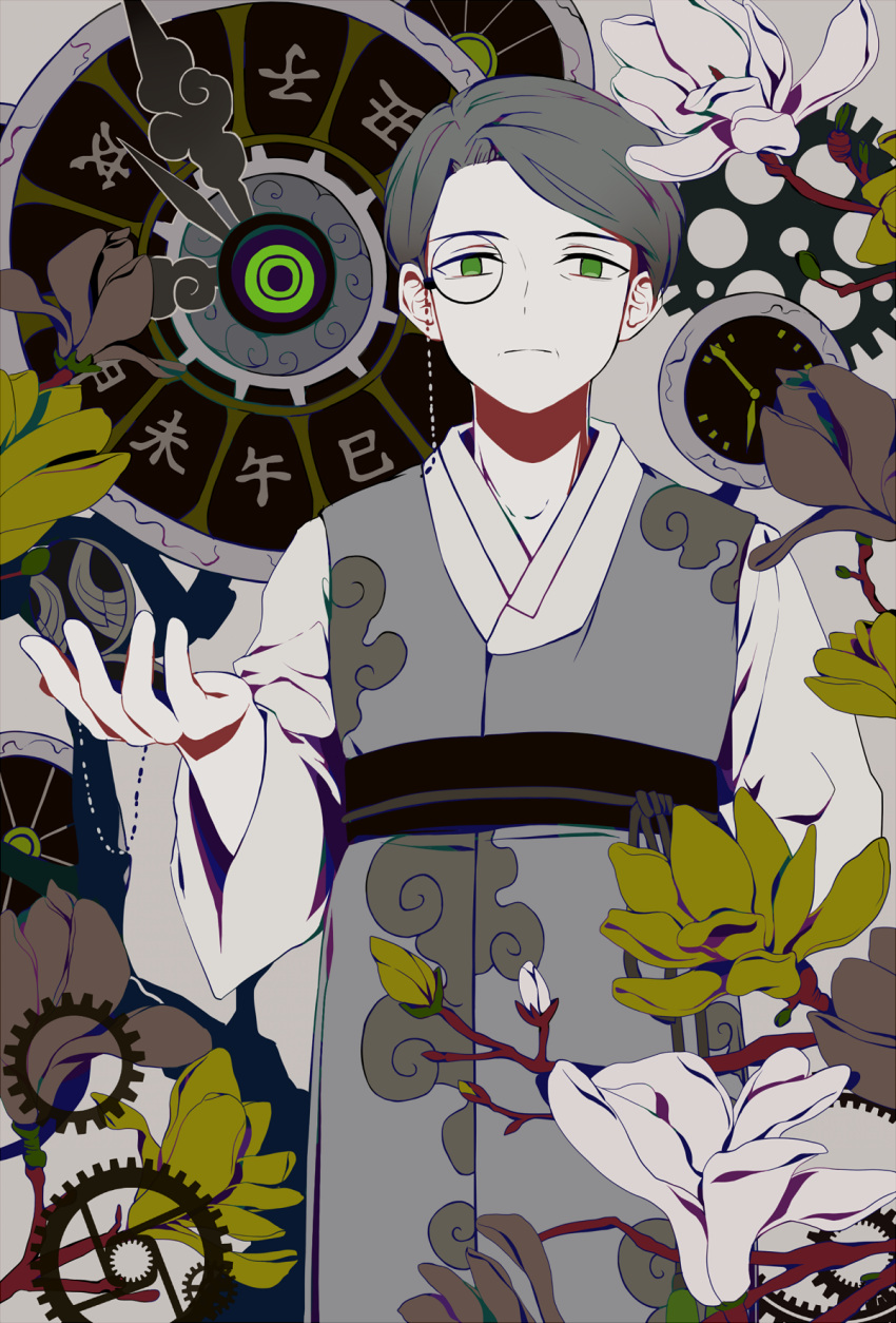 1boy alternate_costume arm_behind_back bangs brown_flower clock colored_skin cowboy_shot expressionless flower gears green_eyes grey_background grey_hair grey_robe highres hokma_(project_moon) holding holding_pocket_watch korean_clothes lobotomy_corporation long_sleeves looking_at_viewer magnolia male_focus mature_male monocle no_pupils pocket_watch project_moon robe short_hair solo swept_bangs tassel tractrix watch white_flower white_skin yellow_flower