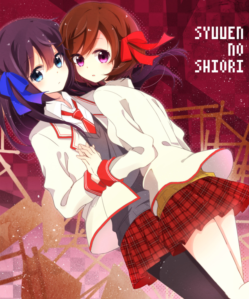 2girls b-ko_(shuuen_no_shiori) bangs blazer blue_eyes blue_ribbon brown_hair checkered_background collared_shirt copyright_name d-ne desk grey_sweater_vest grey_vest hair_ribbon highres holding_hands jacket long_hair long_sleeves looking_at_viewer multicolored_background multiple_girls necktie open_clothes open_jacket parted_lips plaid plaid_skirt pleated_skirt purple_hair red_necktie red_ribbon red_skirt red_trim ribbon rirako romaji_text school_desk school_uniform shirt short_hair shuuen_no_shiori_project skirt sweater_vest vest violet_eyes white_jacket white_shirt yellow_sweater_vest