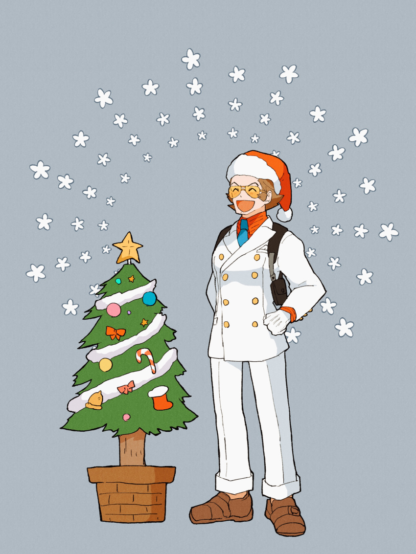 1boy absurdres ace_attorney bobby_fulbright brown_footwear brown_hair caramelrag christmas christmas_ornaments christmas_tree closed_eyes collared_shirt formal full_body fur_trim gloves hand_on_hip hat highres jacket male_focus necktie pants phoenix_wright:_ace_attorney_-_dual_destinies santa_costume santa_hat shirt shoes smile solo standing suit sunglasses white_gloves white_jacket white_pants