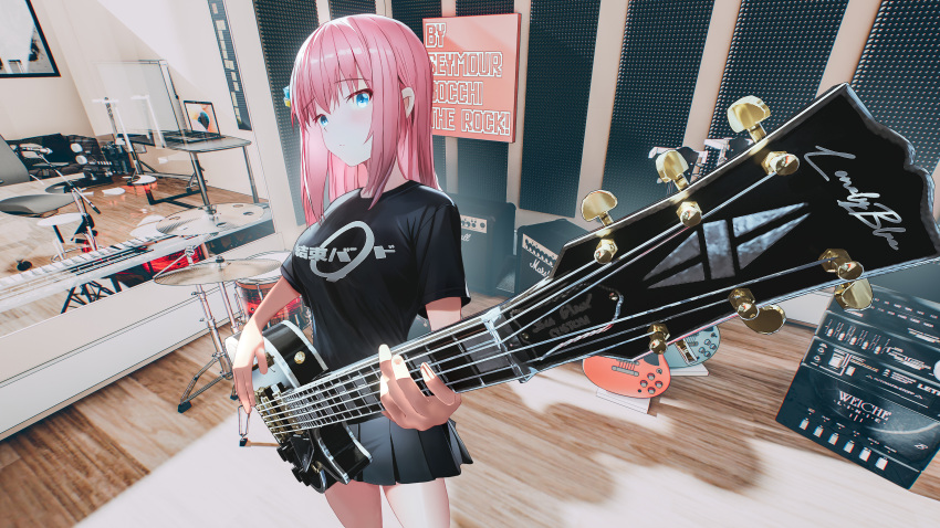 1girl absurdres amplifier artist_name bangs black_shirt blue_eyes bocchi_the_rock! copyright_name cube_hair_ornament cymbals drum drum_set electric_guitar gibson_les_paul gotou_hitori grey_skirt guitar hair_ornament highres holding holding_instrument indoors instrument keyboard_(instrument) long_hair mirror music one_side_up pink_hair playing_instrument pleated_skirt print_shirt reflection seymour shirt skirt stereo