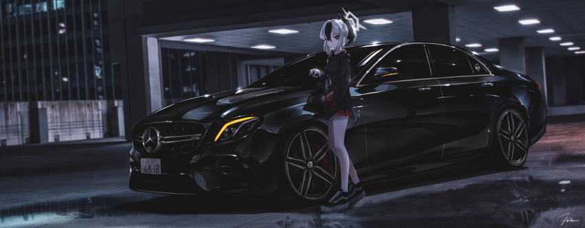 absurdres bare_legs black_choker black_footwear black_hair black_hoodie black_horns blue_archive car choker demon_horns expressionless ground_vehicle halo hand_in_pocket highres holding hood hood_down hoodie horns kayoko_(blue_archive) license_plate long_sleeves mercedes-benz mercedes-benz_c-class miniskirt motor_vehicle multicolored_hair night nougat_(73r1r1) outdoors plaid plaid_skirt ponytail red_eyes red_skirt shoes signature skirt sneakers two-tone_hair vehicle_focus white_hair wide_shot