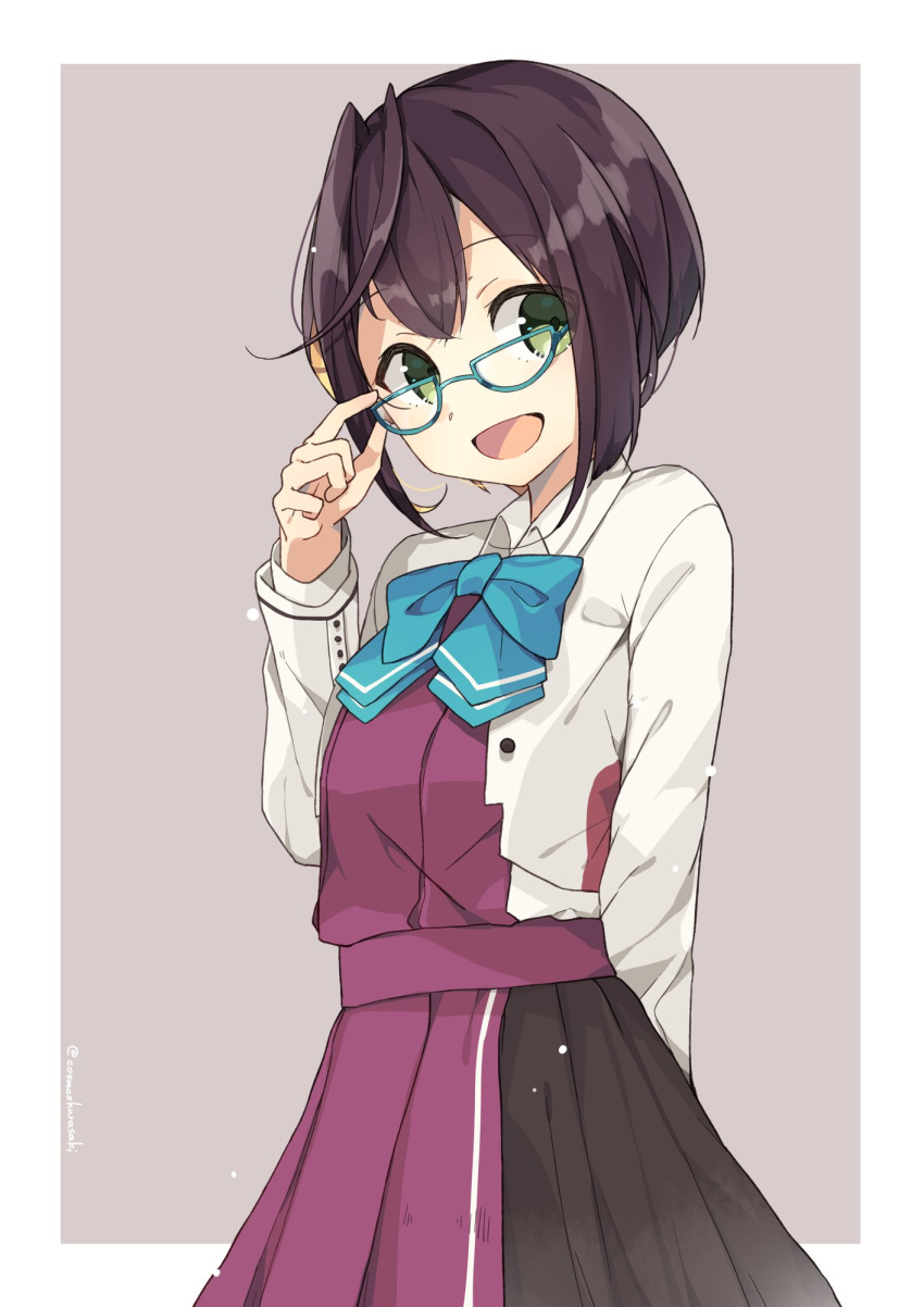 1girl adjusting_eyewear aqua_bow black_hair blazer blue-framed_eyewear bow commentary_request cowboy_shot dress glasses green_eyes highres jacket kantai_collection kurasaki_cosmos looking_at_viewer multicolored_hair okinami_(kancolle) okinami_kai_ni_(kancolle) open_mouth pink_hair pleated_dress purple_dress school_uniform short_hair smile solo two-tone_background