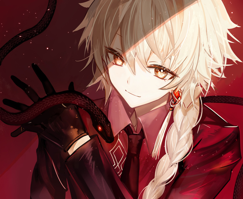 1boy aether_(genshin_impact) animal bangs black_gloves black_necktie blonde_hair braid brown_eyes closed_mouth collared_shirt earrings genshin_impact gloves glowing glowing_eyes hair_between_eyes hair_over_shoulder jewelry juexing_(moemoe3345) long_hair long_sleeves male_focus necktie purple_shirt red_eyes shirt single_braid smile snake solo upper_body