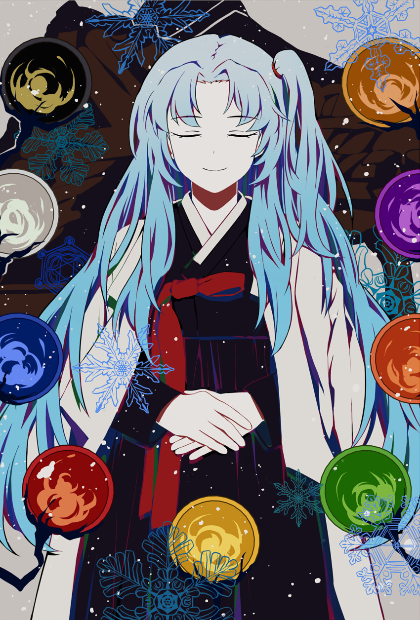 1girl alternate_costume angela_(project_moon) black_dress blue_hair closed_eyes coat coat_on_shoulders colored_skin cowboy_shot dress facing_viewer grey_background hanbok highres korean_clothes light_blue_hair lobotomy_corporation long_hair long_sleeves one_side_up orb own_hands_together project_moon smile snowflakes snowing solo straight-on tractrix white_coat white_skin