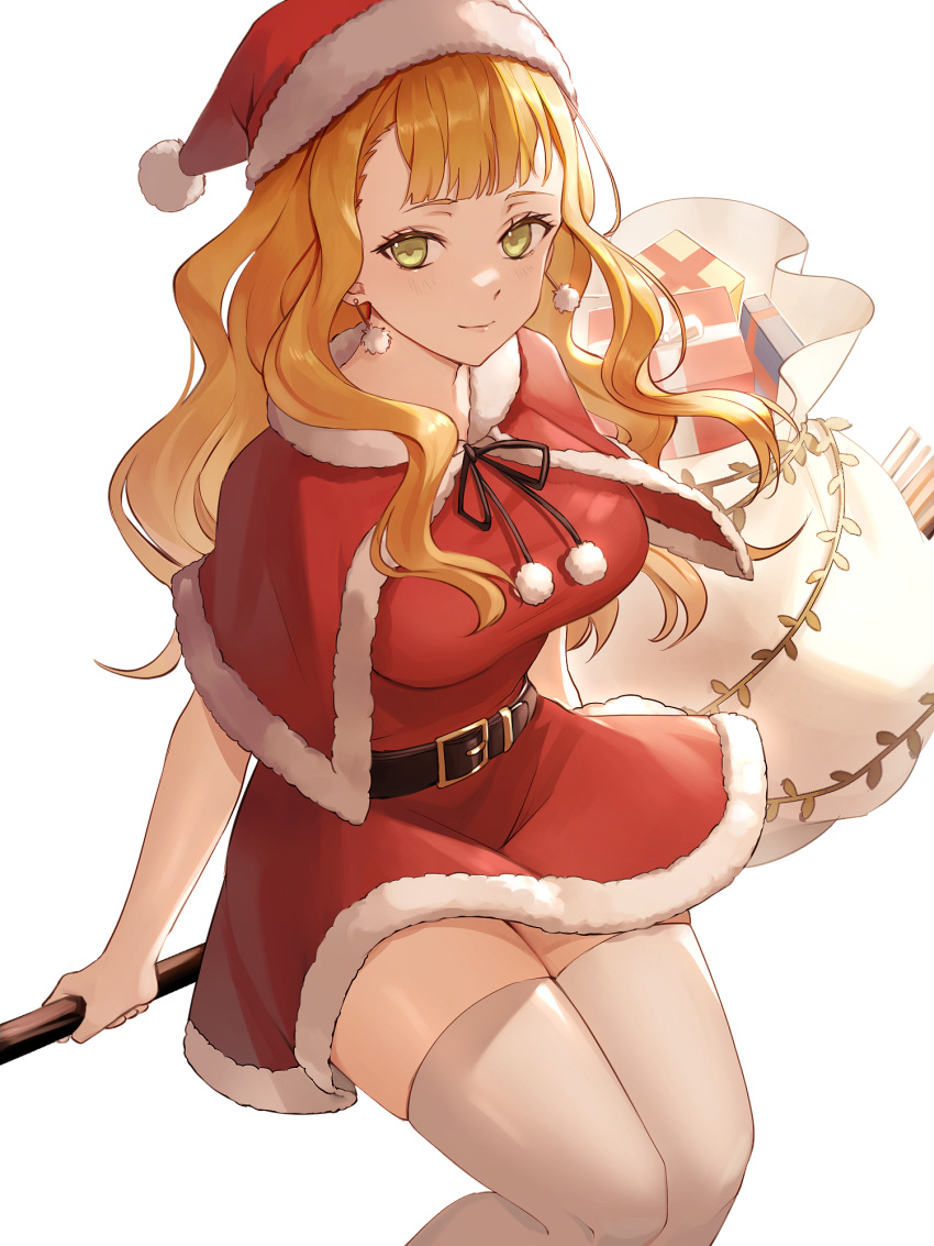 1girl bangs belt black_clover blunt_bangs broom broom_riding capelet christmas christmas_present closed_mouth dress earrings fur-trimmed_capelet fur-trimmed_dress fur_trim gift green_eyes hat highres jewelry long_hair looking_at_viewer mimosa_vermillion orange_hair plant red_capelet red_dress santa_costume santa_hat smile solo thigh-highs tsugutoku vines wavy_hair white_background white_bag white_thighhighs